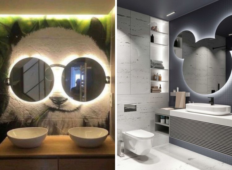 A modern bathroom with two sinks and a mirror, showcasing different lighting types for a stylish ambiance