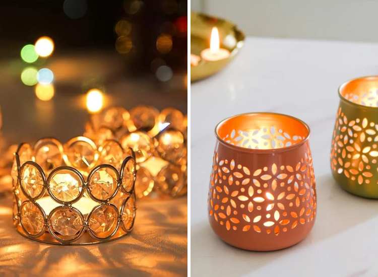 Elegant glass tealight holders providing soft lighting, complemented by another with an intricate metal holder design for added charm.