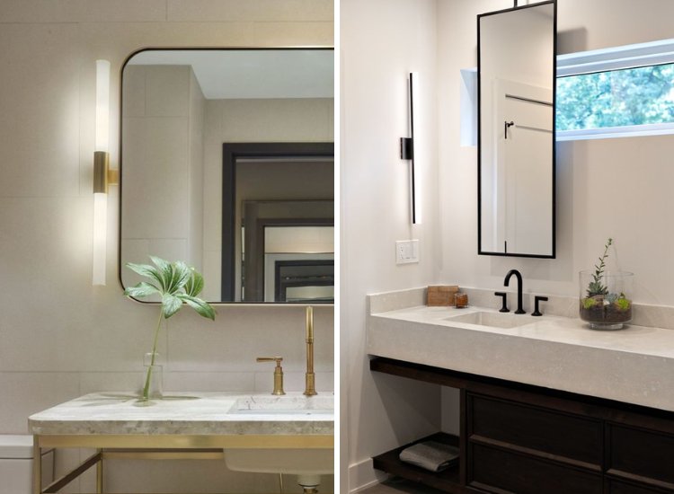 A luxurious bathroom with a gold sink, mirror, and marble countertop illuminated by task lighting for a stylish ambiance