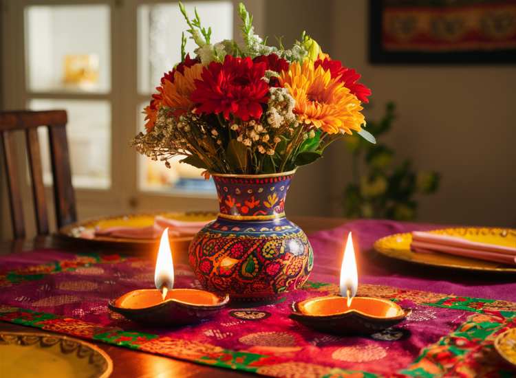 Beautiful Diwali table decoration featuring a designed vase filled with flowers, set on a tablecloth alongside traditional diyas.