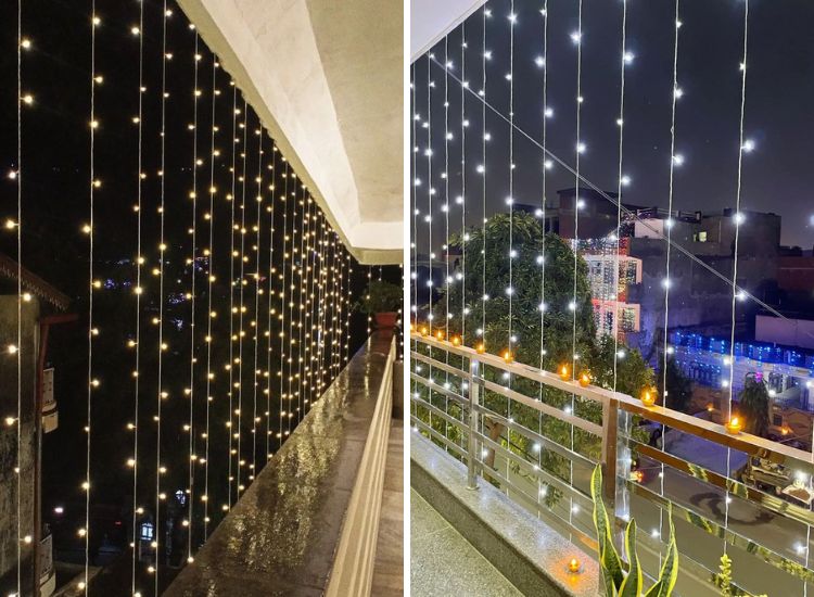 Stunning Diwali exterior lighting with vertical lights cascading from the top floor to the bottom, complemented by diyas on the balcony railing.