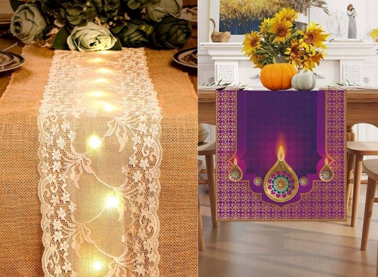 Joyful Diwali lighting photo showing table runner and bright lights illuminating marigold garlands and festive decor.