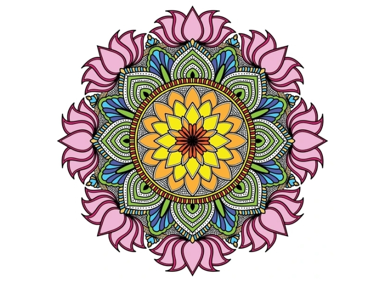 Colorful mandala rangoli featuring symmetrical designs and detailed motifs, adding a touch of elegance to festive celebrations