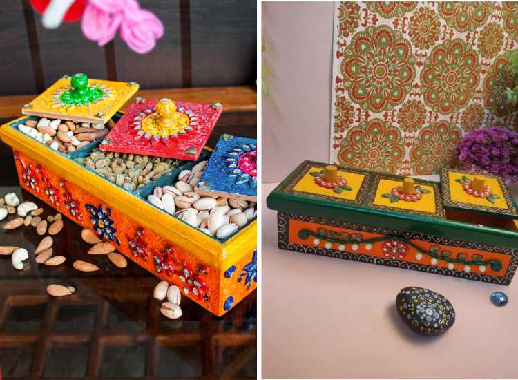 Diwali dry fruits box adorned with simple designs and vibrant colors, perfect for adding a festive touch to celebrations.