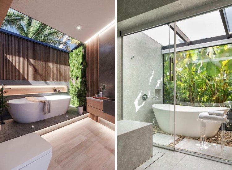 A contemporary bathroom featuring a spacious tub, circular mirror and a wooden wall, illuminated by natural light