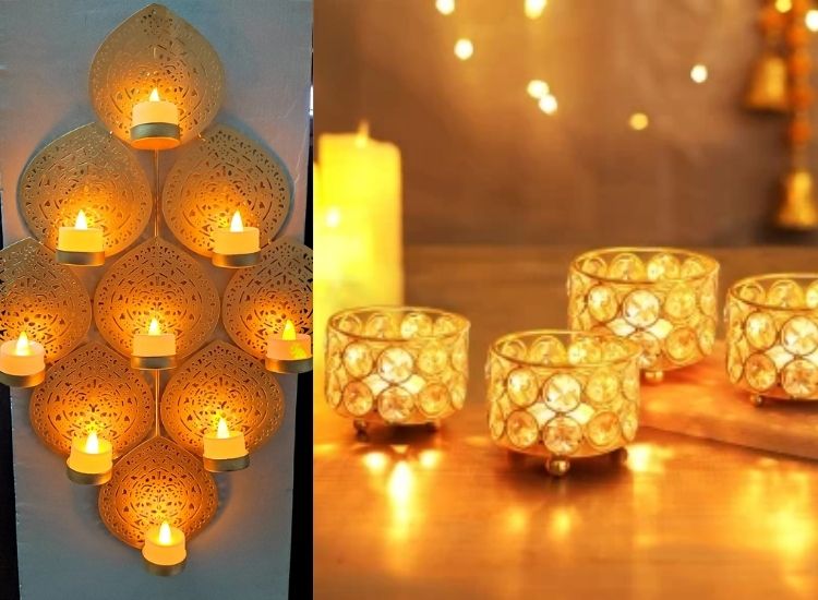 "Traditional Diwali images of oil lamps, string lights, and candle holder creating a warm festive atmosphere."