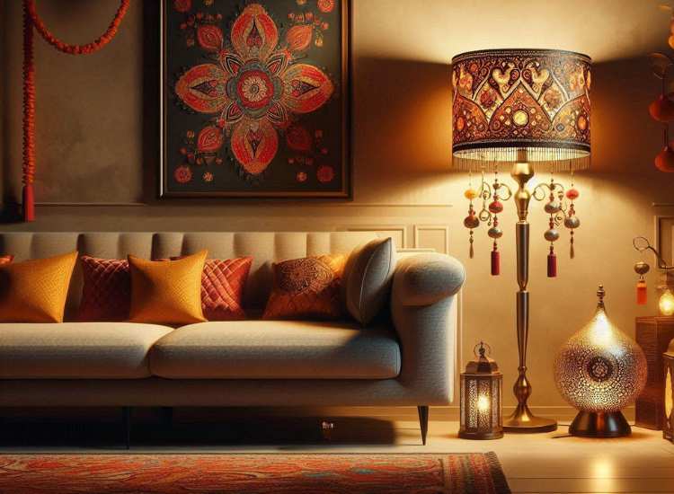 Elegant Diwali-themed floor lamp with intricate details and soft lighting, positioned beside the sofa for a warm ambiance.