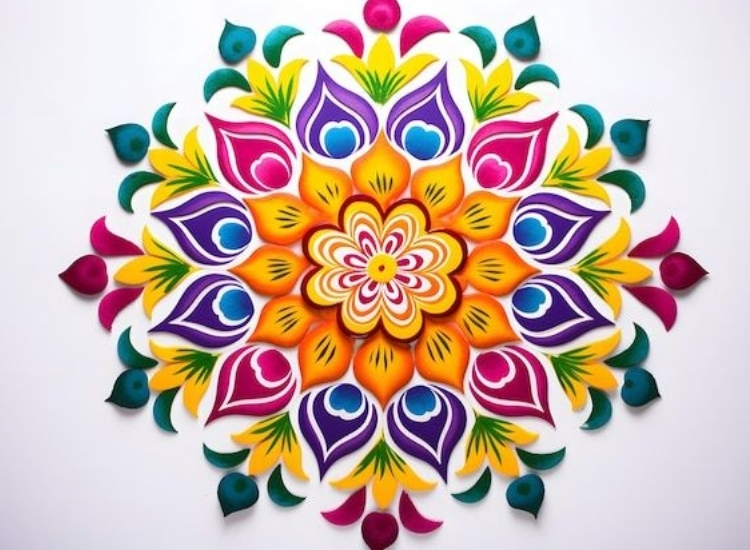 Stunning mandala art in rangoli form, blending traditional patterns with bright hues for a captivating Diwali decoration