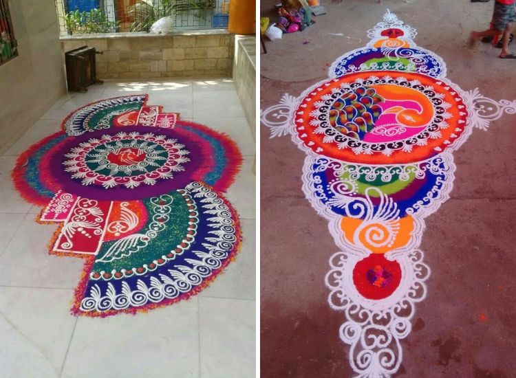 Stunning large rangoli designs featuring vibrant colors and intricate patterns, showcasing artistic styles for diwali celebrations.