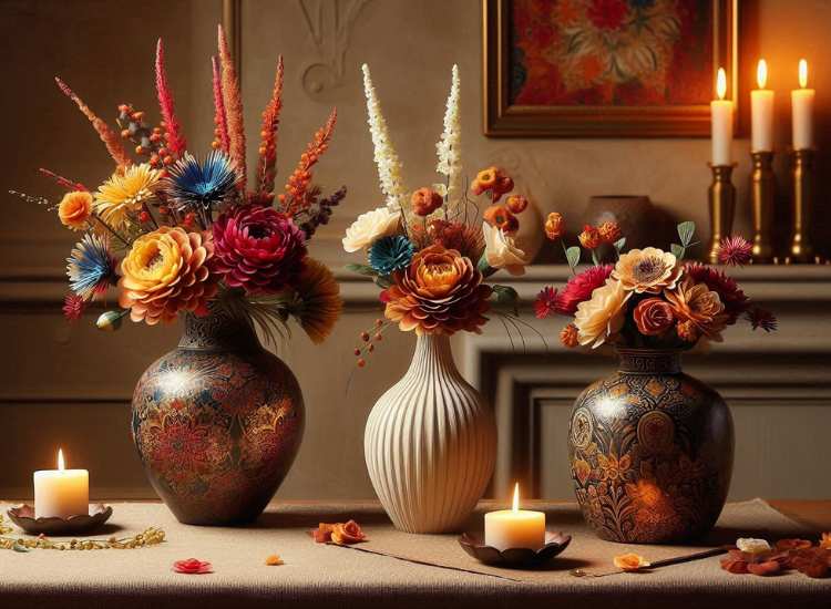 Three elegant vases filled with flowers, each showcasing unique designs, arranged on a table adorned with small DIY lamps and candles for Diwali decor.