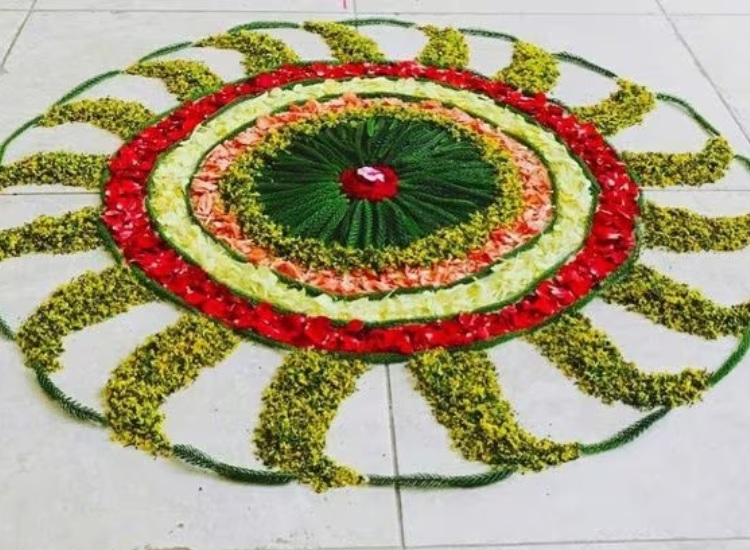 Eco-friendly rangoli made from natural materials like flower petals and colored rice, promoting sustainability during Diwali