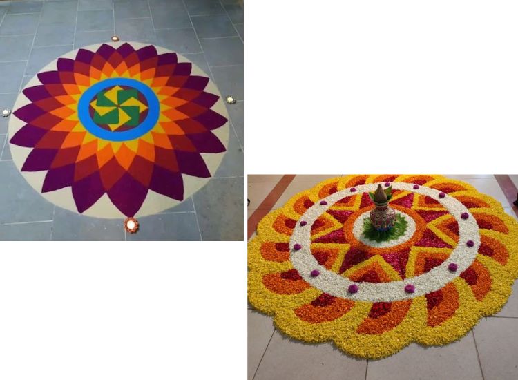 Rangoli designs featuring two distinct patterns: one with vibrant geometric shapes and the other crafted from beautiful marigold flower petals.