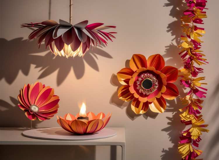 Simple floral design featuring paper patterns and a paper garland, with a diya placed inside a crafted paper flower.