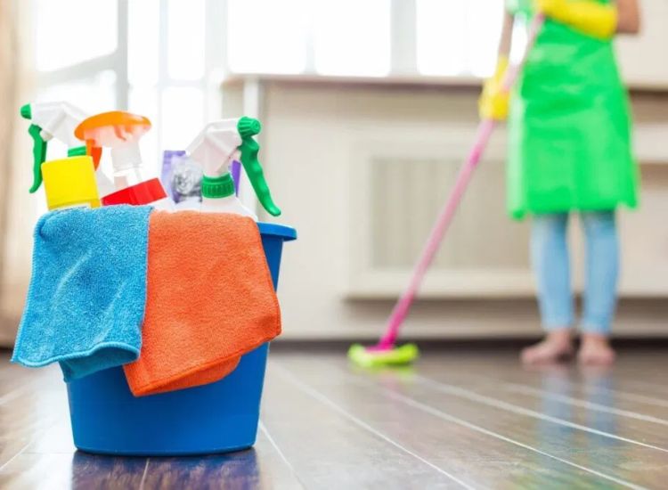 A woman cleaning the home interior for diwali decoration with a mop, bucket and sprays.