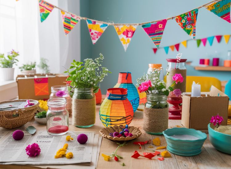 Creative eco-friendly DIY home projects using glass jars filled with fabric scraps and flowers, along with plants beautifully arranged in jars.