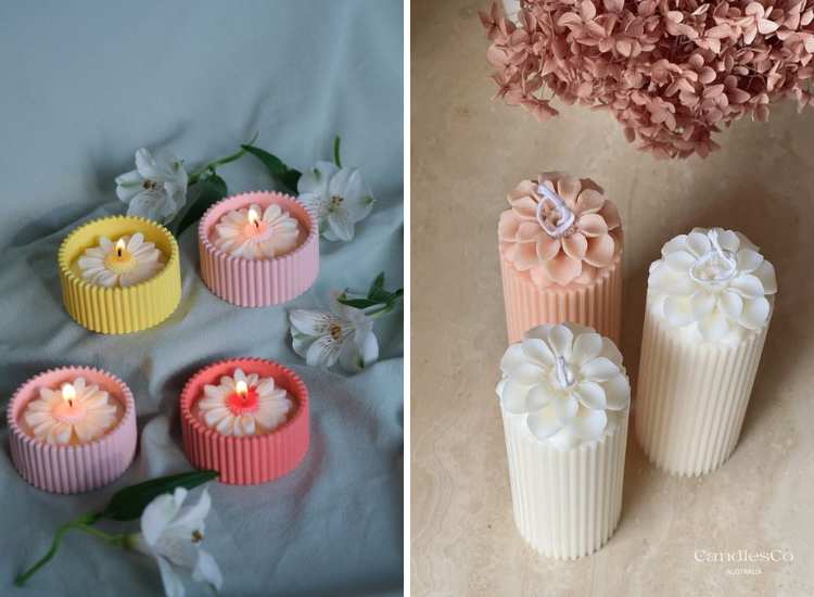 Festive scented candles in two designs: one in a small bowl shape and the other in a classic pillar shape.