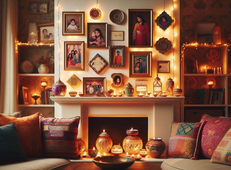 32. Family photos and lighting in living room for diwali