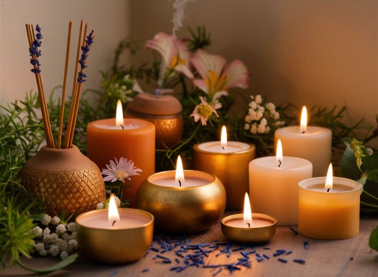 33. Incense sticks and fragrance corner in the room with diyas