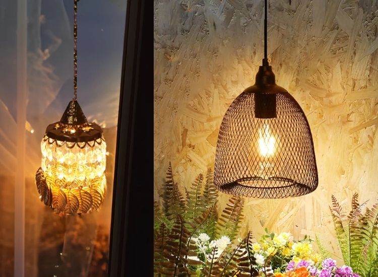 "Radiant Diwali images showcasing glowing hanging pendent in a festively decorated space."