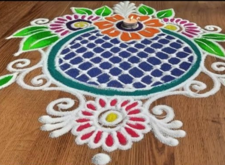 Beautifully crafted rangoli in an array of hues, showcasing artistic patterns for Diwali celebrations