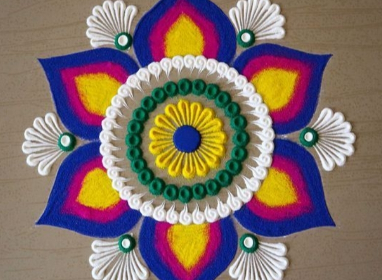 Lively rangoli art bursting with color, creating a joyful and festive atmosphere for Diwali.