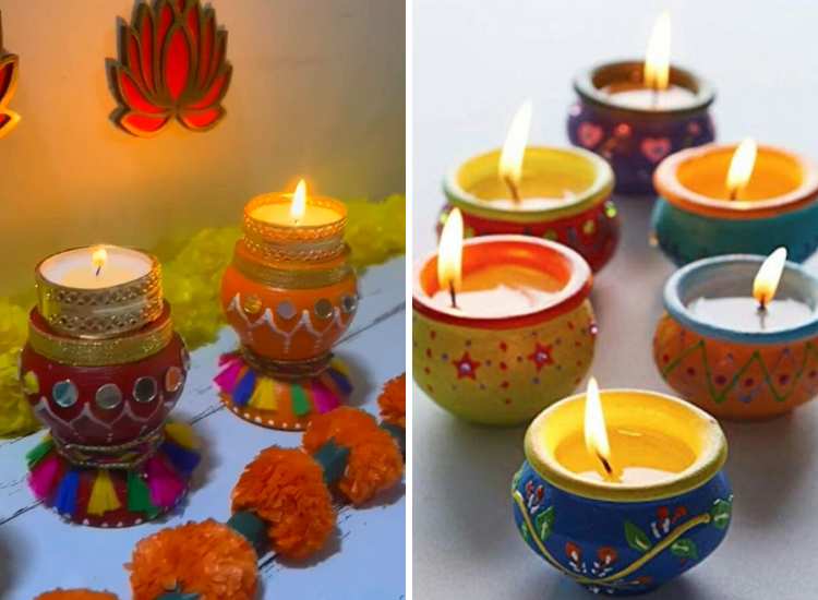 Elegant handmade pottery designs for Diwali festive diyas, showcasing intricate craftsmanship and vibrant colors.