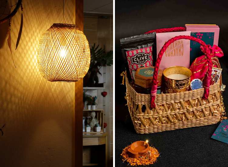 Eco-friendly Diwali decor featuring a bamboo lantern illuminated with soft yellow light and a decorative basket filled with festive gifts.