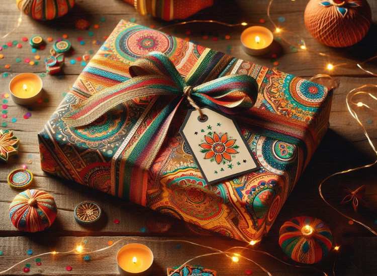 Diwali-themed gift wrapped in beautiful fabric adorned with colorful patterns and traditional designs, finished with a festive ribbon.
