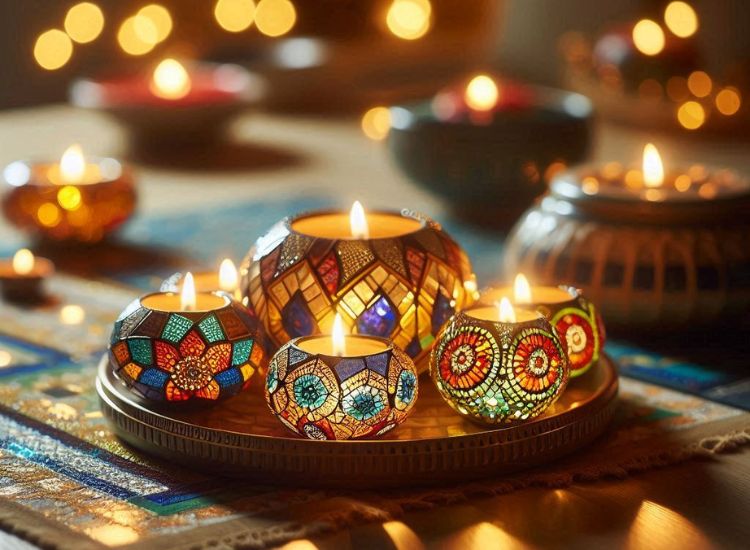 Intricately designed mosaic-patterned diyas in vibrant colors, arranged on a dining table as festive Diwali decorations.