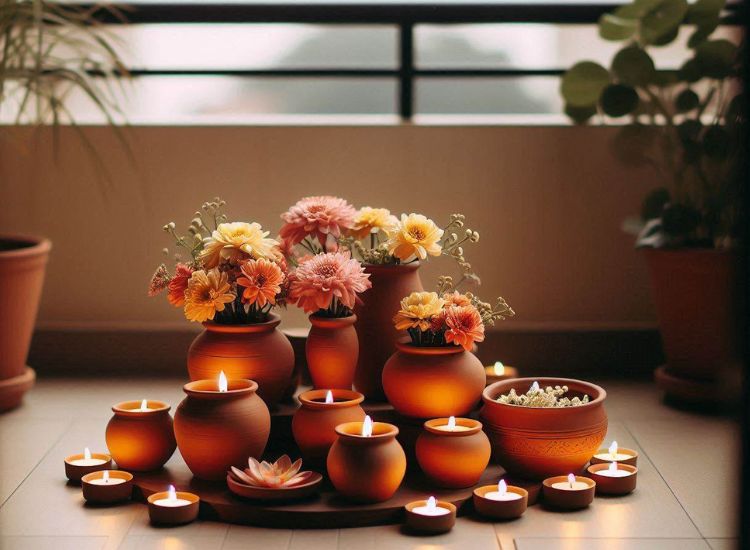 Cluster of terracotta pots arranged on a balcony, adorned with vibrant flowers and diyas, creating a festive atmosphere.