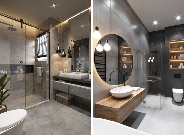 Modern bathroom featuring grey tiles, brilliant lighting, and contemporary materials and fixtures creating a peaceful ambiance