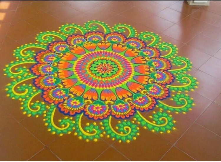 Kolam rangoli features intricate, symmetrical patterns made from rice flour or colored powders, often adorning doorsteps to welcome guests.