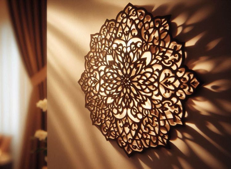 Jali work wall hanging featuring detailed carvings and intricate patterns in natural white, with subtle gold accents for elegance.