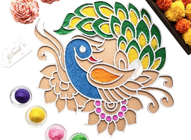 Stencil rangoli design showcasing elegant patterns and motifs, easy to apply, with bright colors enhancing festive decor.