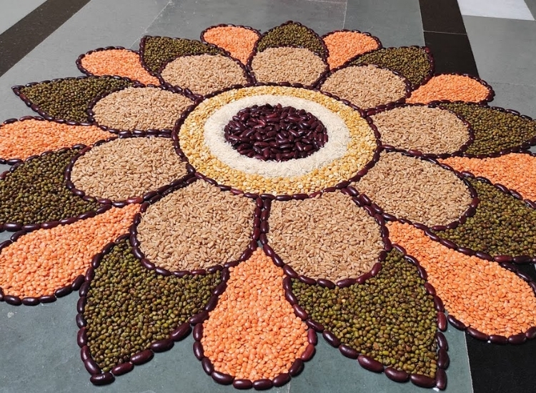 Grain and pulse rangoli with vibrant patterns made from colorful pulses and grains, creating stunning designs for festive decor.