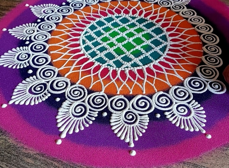 Sanskar Bharti rangoli featuring intricate traditional patterns in vibrant colors, celebrating cultural heritage and festivities.