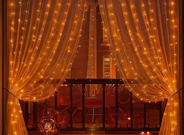 Beautiful Diwali lighting photo with traditional oil lamps illuminating a cozy living room full of festive décor