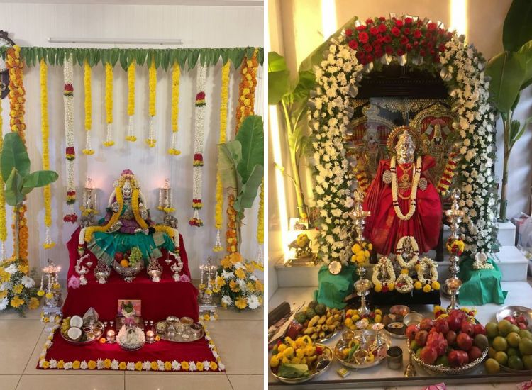 Elegant pooja room decoration with floral garland and torans. Additionally decorated with prasad and offerings for a perfect ambience