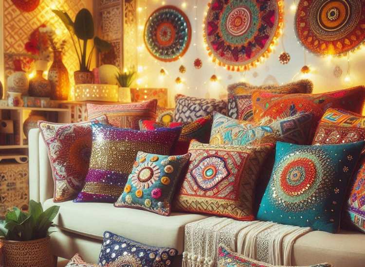 5. Sequined and Embroidered cushions for diwali decor