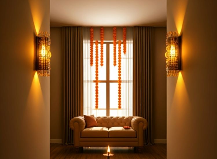 "Serene Diwali lighting images of diyas and candles glowing alongside fairy lights in a peaceful, festive room."
