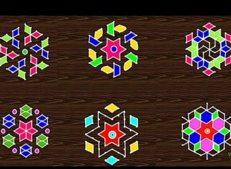 Dot rangoli with intricate patterns created from colorful dots, showcasing artistic designs that add charm to festive decor.