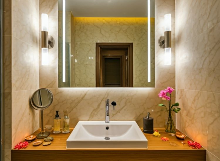 "Serene Diwali lighting images of dim lighting and candles casting a relaxing, festive glow in a well-decorated bathroom."