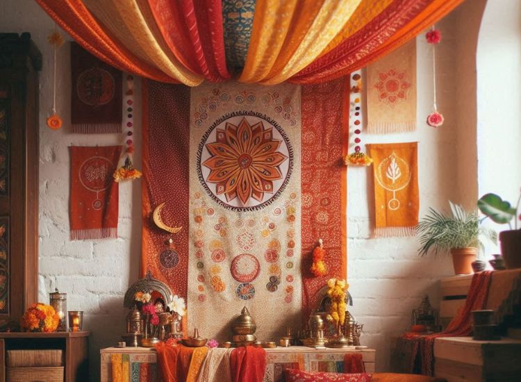 7. Decorative pooja unit design for diwali using fabrics and hangings