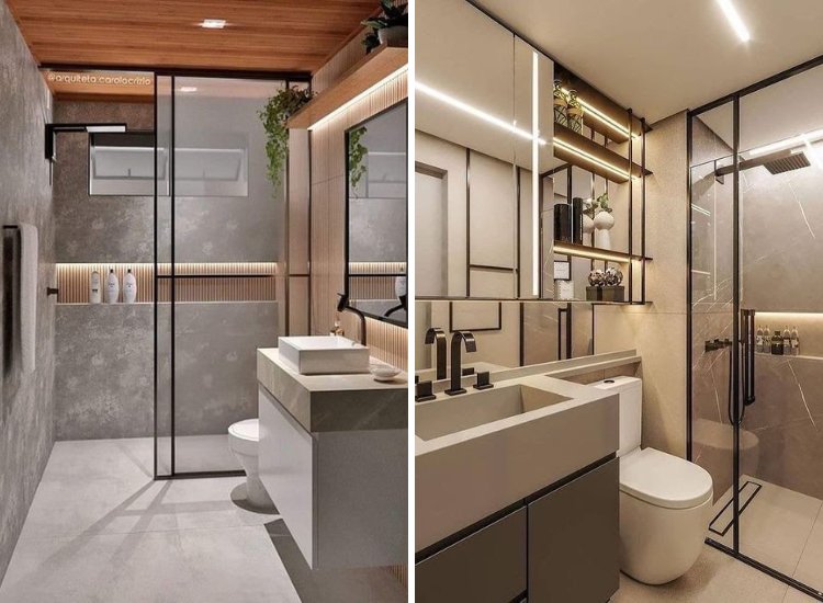 A sleek bathroom design featuring a soothing color palette, a glass shower enclosure, adding a contemporary touch to the space