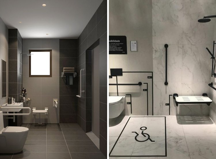Accessible bathroom showcasing grab bars and safety rails, walk-in showers, and wider doorways, providing more accessibility