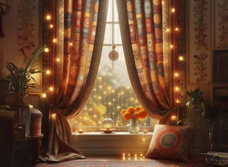 Diwali-themed curtain design in rich fabric with intricate details, enhanced by fairy LED lights for a festive glow.