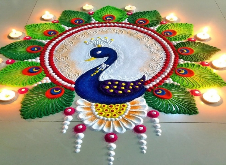 Vibrant peacock rangoli design adorned with colorful powders, celebrating the spirit of Diwali.