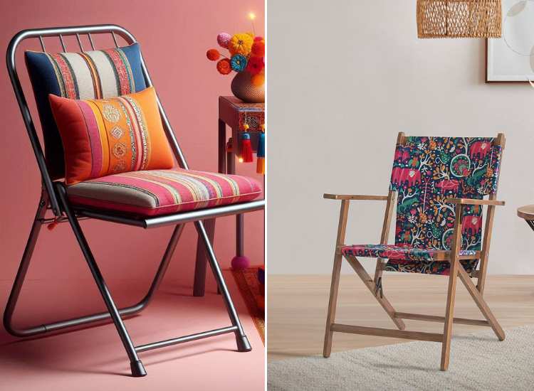 Two foldable chair designs: one with a metal frame and traditional patterned cushions, and the other with a wooden body showcasing artistic patterns.