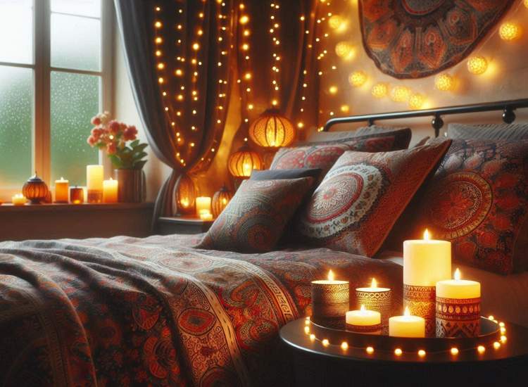 Cozy and warm bedroom decorated for diwali with with linen bedding style, festive scented diyas and lantern decoration