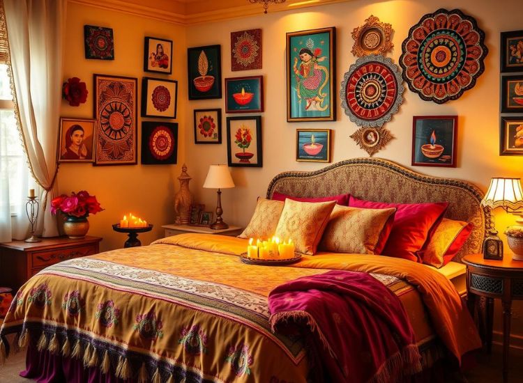 Cozy bedroom decoration for diwali featuring an elegant bed with festive linens, diwali themed cushions and wall arts